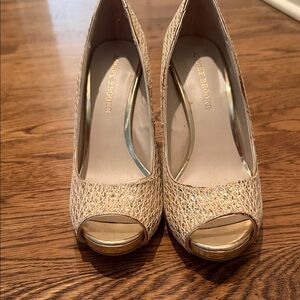 Audrey Brooke Gold Lace Peep Toe Heels